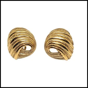 Vintage Krone Trifari goldfarbene Ohrclips geätzt Retro Art Deco Nachlass - Bild 1 von 10