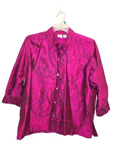 Bleu Bayou Dupioni Silk Blouse Fuchsia 3/4 Sleeves Abstract Beaded Pattern - Picture 1 of 3