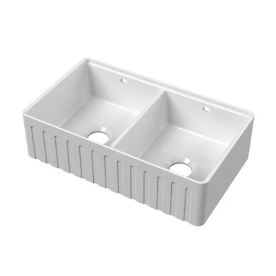 Nuie Fluted Butler Kitchen Sink Bowl with Ledge for Chopping Board 795x460mm - Image 1 of 4