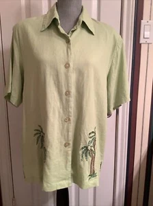 A. K.C. 1x Leinenmischung limettengrün Bluse Hemd Jacke Perlen Palme - Bild 1 von 6