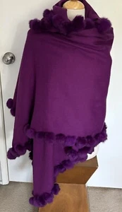 Nordstrom Purple Wool/Acrylic Rabbit Fur Trim Shawl Wrap Sarf One Size - Picture 1 of 9