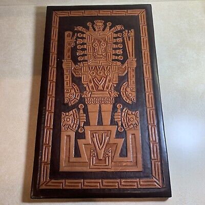 Peru Peruvian Hand Carved Tooled Leather Art Panel Mayan Inca Diety Vintage Wood • 200€