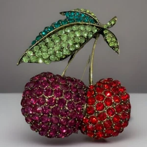 HEIDI DAUS SIGNED "CHERRY ON TOP" PINK/RED/GREEN CRYSTAL BROOCH PIN - Picture 1 of 5