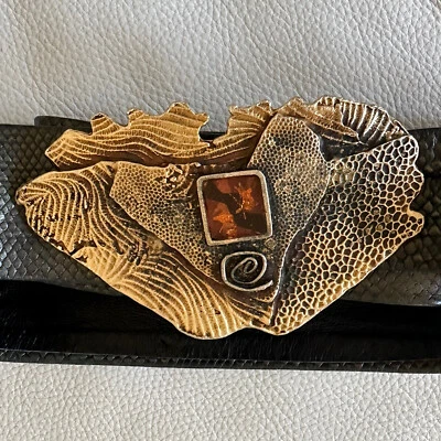 Vtg NINA GELARDI Bronze Green Snake Print Leather Belt Large Bronze Buckle L - Image 1 of 4