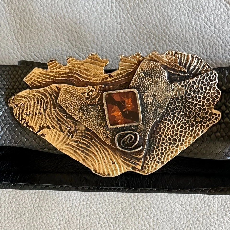 复古 NINA GELARDI 青铜绿色蛇纹印花皮革腰带大号青铜扣 L — 第 1/4 张图片