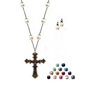 Crucifijo Cruz Religiosa Collar Largo Perlas, Color a Elección, Pendientes Opcionales - Imagen 1 de 20