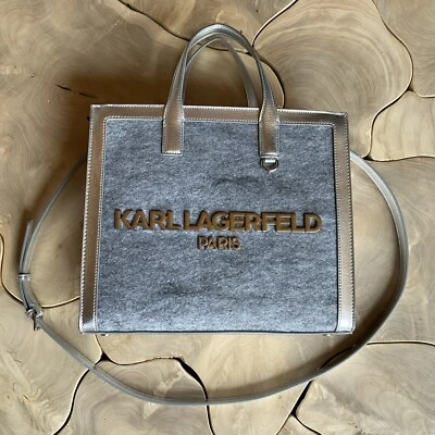 Karl Lagerfeld Tote Handbag Purse Crossbody Silver Felt Grey Zip Close Metallic - Image 1 of 4