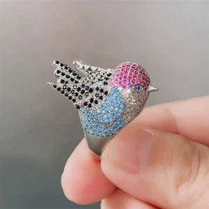 Elegantes anillos de pájaros enchapados en plata para mujer circonita cúbica joyería de boda - Imagen 1 de 11