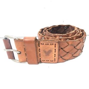 American Eagle Belt Braided Woven Wide Brown Leather Buckle Studded SZ L / XL