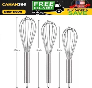 3 Pcs Stainless Steel Whisk Kitchen Utensil Wisk For Blending and Stirring New - Picture 1 of 8