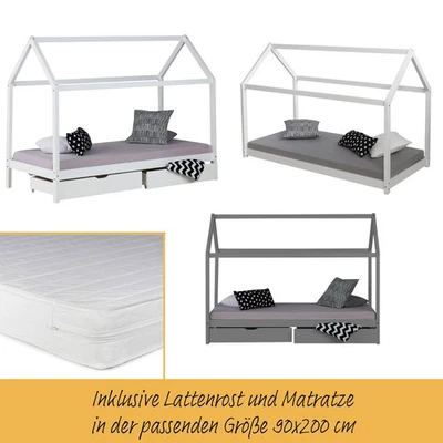 Kinderbett 90x200 mit Matratze Mädchen 2 Schubladen Junge Hausbett Homestyle4u - Bild 1 von 4