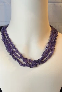 Natürliche rohe afrikanische Amethyst Chip 3 Reihe Halskette 925 Silber Verschluss 20" - Bild 1 von 9
