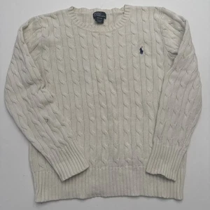 Polo Ralph Lauren Boys M 10-12 Cable Knit Sweater Ivory Pullover Navy Pony - Picture 1 of 12