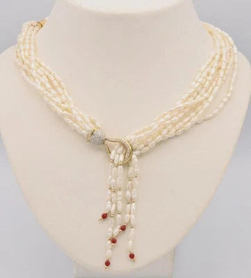 Collier Kette mit Süßwasser perlen Korallen und Brillanten 1 ct 585 750 Gold - Bild 1 von 4