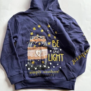 Simply Southern Youth Small Be the Light Hooded Sweatshirt Navy Fireflies - Picture 1 of 8