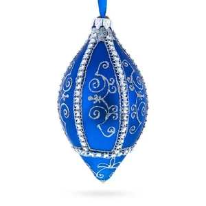 Jeweled Pattern on Blue Pointed Teardrop Finial Glass Ornament - Picture 1 of 3