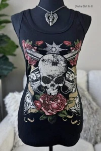 VOCAL Womens CRYSTAL BLACK SKULL PISTOLS ROSES TANK TOP SHIRT S M L XL 1X 2X 3X - Picture 1 of 3