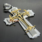 Collier pendentif croix fleurie en acier inoxydable lourd 3 couches pour hommes argent/or