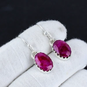 Kashmir Ruby Gemstone Lab Created 925 Solid Silver Earrings For Valentine's Gift - Picture 1 of 4