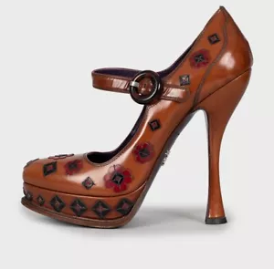 Prada gorgeous flower embroidered cognac brown leather Mary Jane pumps 40 IT - Picture 1 of 6