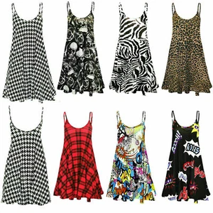 Ladies Long Camisole Cami Printed Strappy Swing Dress Vest Top Flared Sleeveless - Picture 1 of 16