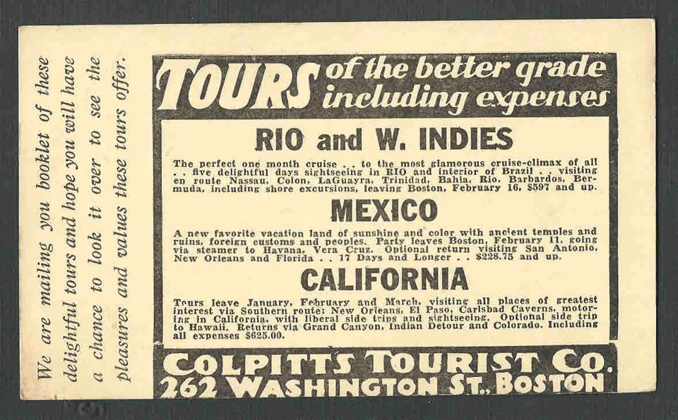 DATED 1937 PC COLPITTS TOURIST CO BOSTON OFFERS VARIOUS TOURS - Image 1 of 1