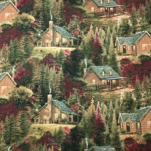 1/2 Meter Autumn Forest Cabins Sewing Material Quilting Cotton Fabric  - Picture 1 of 2