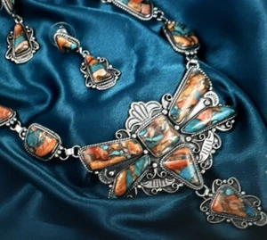 Natural Spiny Turquoise Earrings and Dragonfly Statement Necklace 20 In Silver - Picture 1 of 13