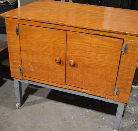 Vintage Wooded Rolling Cabinet Home OFFICE Doors METAL BASE Legs Industrial Cover