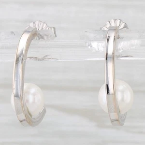 Cultured Pearl J-Hook Earrings 14K White Gold Half Hoop Drops - Picture 1 of 6