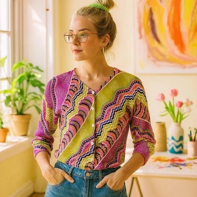 Joseph A Button Front Artsy Art to Wear Abstract Retro 70's Inspo Cardigan Mediu - Image 1 of 4