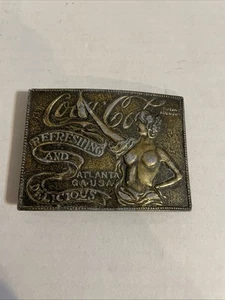 Vtg Brass Belt Buckle Coca Cola - Topless Refreshing Tiffany Foundry Atlanta GA - Picture 1 of 5