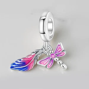 Pink Dragonfly Blue Hue Feather Charm 925 Sterling Silver Charm - Picture 1 of 1