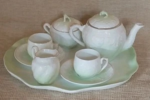 Vintage Miniature child's porcelain tea set for two, Green White, 1930's - Picture 1 of 4