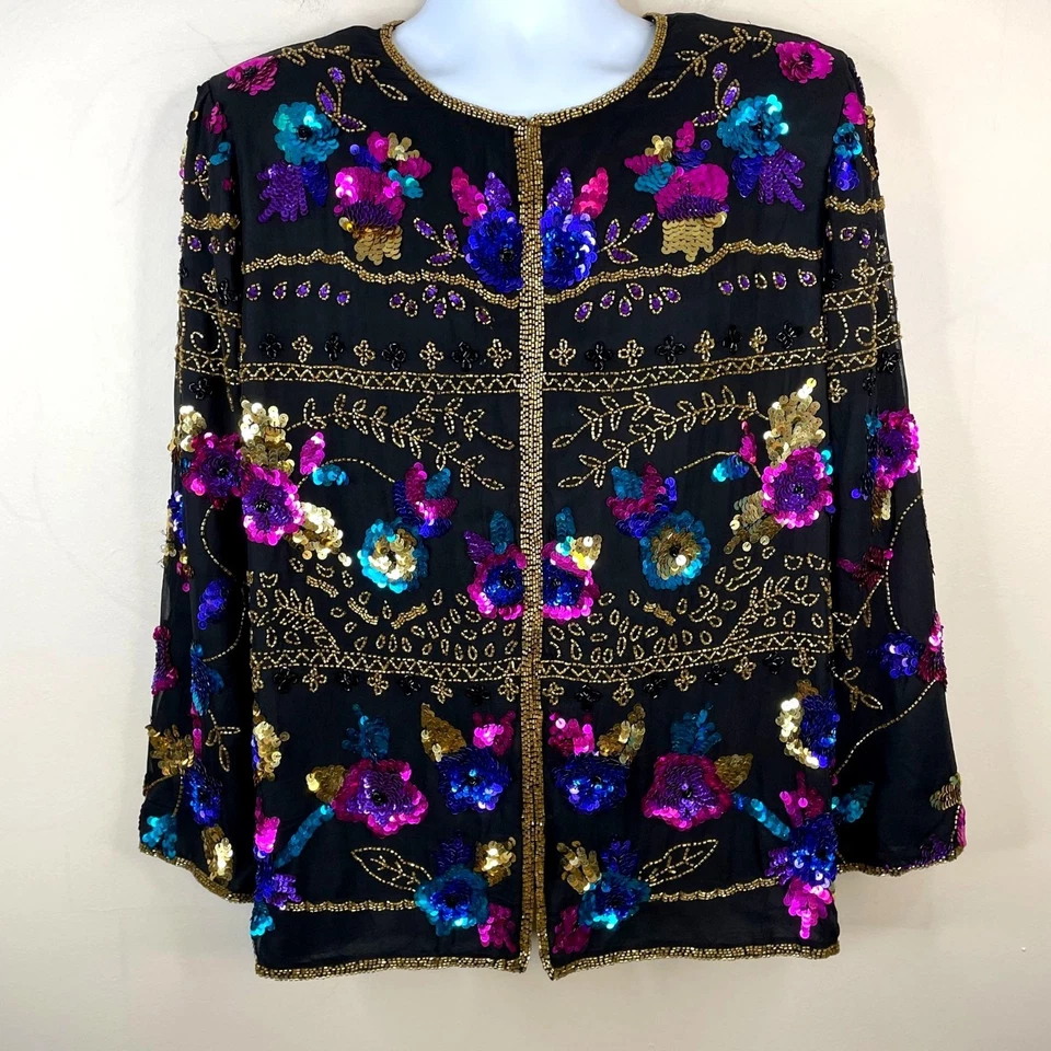 Chaqueta Drapers Damons Seda Lentejuelas Cuentas XL Dinero Antiguo Vacaciones Cóctel Fiesta Foto 1 de 4
