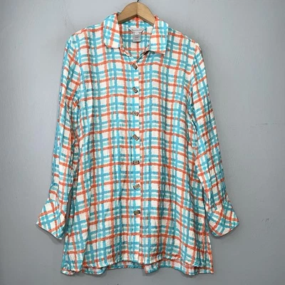 Multiples Button Up Crinkle Shirt Size M Plaid Artsy Silky Lightweight Lagenlook - Image 1 of 4