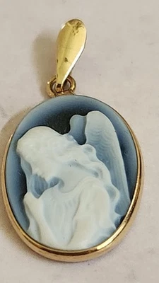 Vintage Ouro 14k Itália Ágata Azul Anjo da Guarda Camafeu Ônix Monogramado Traseiro - Imagem 1 de 4