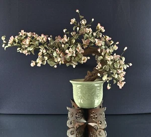 Árbol de vidrio decorativo grande BONSAI con maceta de porcelana verde azulado, flores rosadas y blancas - Imagen 1 de 10