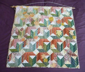 Vintage Handmade Patchwork Wall Hanging/Square Quilt: 39x39" Orange Green & Pole - Picture 1 of 12