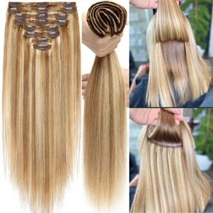 Extensiones de cabello humano Remy 100 % trama doble clip cabeza completa grueso invisible Reino Unido - Imagen 1 de 38
