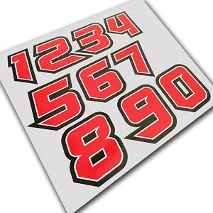 NÚMEROS DE CARRERA PEQUEÑOS 0-9 HOJA Gráficos de motocicleta rojo y negro x 10 piezas. - Imagen 1 de 1