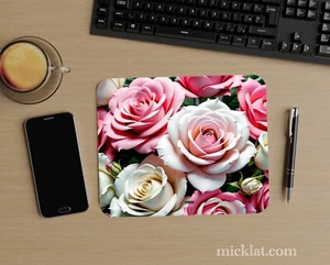 Mouse Pad 003 "Roses" - White/Pink/Green - MICKLAT Computer Gift Flowers - Picture 1 of 3