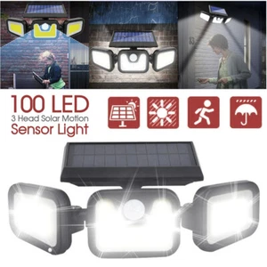 3 Head 100LEDs Solar Motion Sensor Light Outdoor Garden Wall Security Flood Lamp - Picture 1 of 9