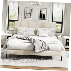 Size Platform Bed Frame with Upholstered Headboard, Wooden Slats King Beige - Picture 1 of 8