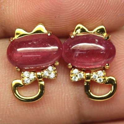 925 Sterling Silver 6 x 10 mm. Red Ruby & Zircon Jewelry Earrings 18K Gold - Image 1 of 4