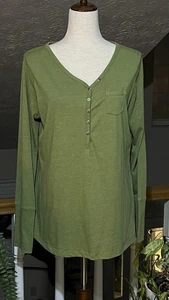 Ruff Hewn Womens Size L Olive Green Henley V Neck Button Front Long Sleeve - Picture 1 of 15