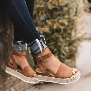 New Women's Open Toe Jute Espadrille Sandals Ankle Strap Med Platform Wedge Heel - Picture 1 of 16