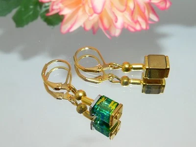 Ohrringe Ohrhänger Ohrstecker Hämatit gold glas grün türkis Modeschmuck  068f - Bild 1 von 4