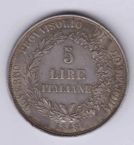 ITALY ITALIA L.5 Lire 1848 Lombardy, silver, nice VF grade, see scans (ita317) Cover