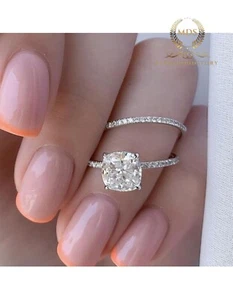 14K Solid White Gold Moissanite Bridal Set Engagement Ring 2.50 CT Cushion Cut - Picture 1 of 7